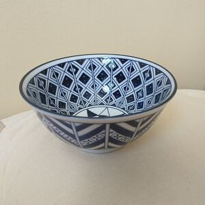 Japanese Rice Soup Bowl Porcelain Blue White Chevron Diamond Made in Japan 6"